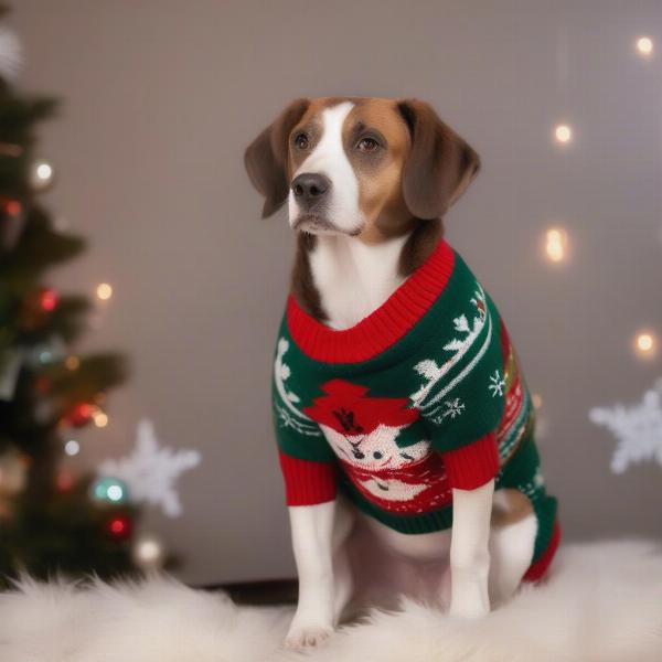 A dog comfortably wearing a Christmas-themed sweater, sitting in front of a decorated Christmas tree.