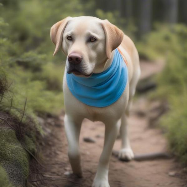 Dog wearing a cooling bandana on a summer hike