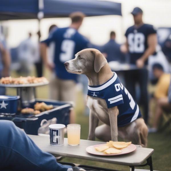 Dog Wearing a Cowboys Shirt at a Tailgate