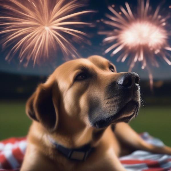 Dog wearing ear protectors during a fireworks display