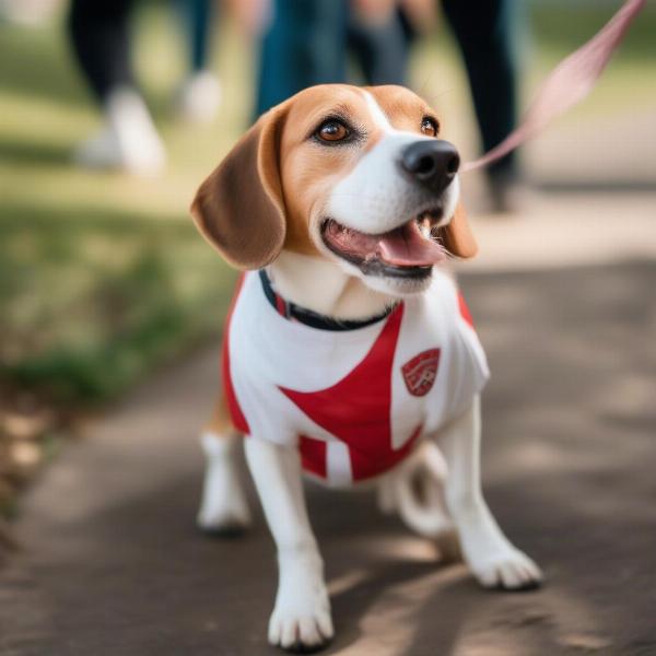 Dog wearing an England shirt while walking in a park