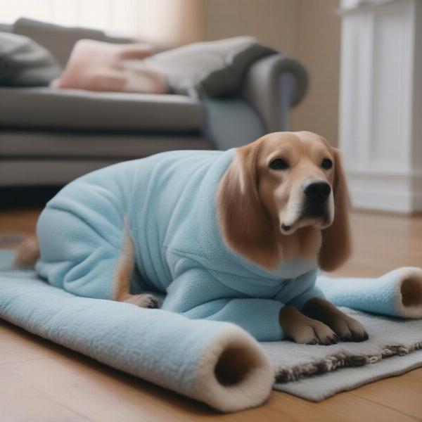 Dog wearing fleece suit inside the house