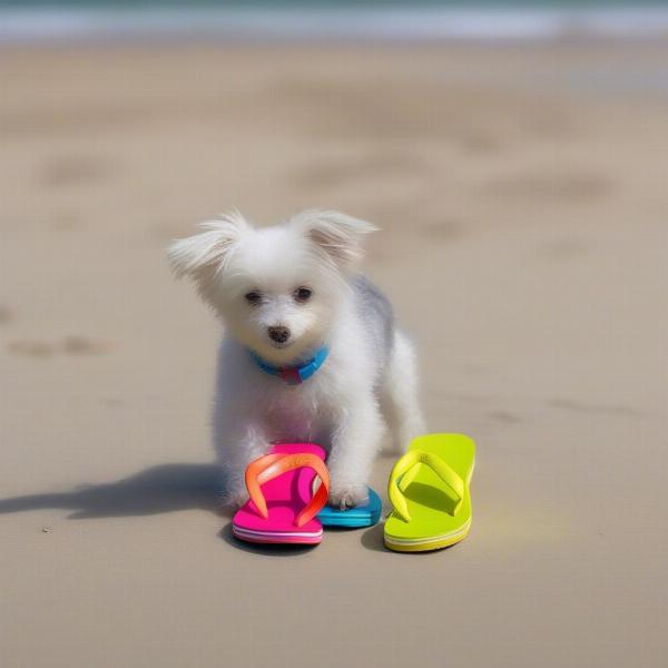 Dog wearing flip flops on the beach