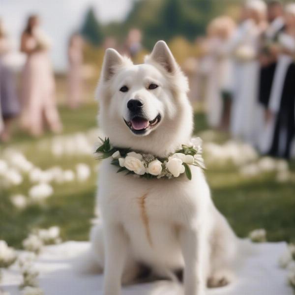 Dog Wearing Flower Collar at Wedding