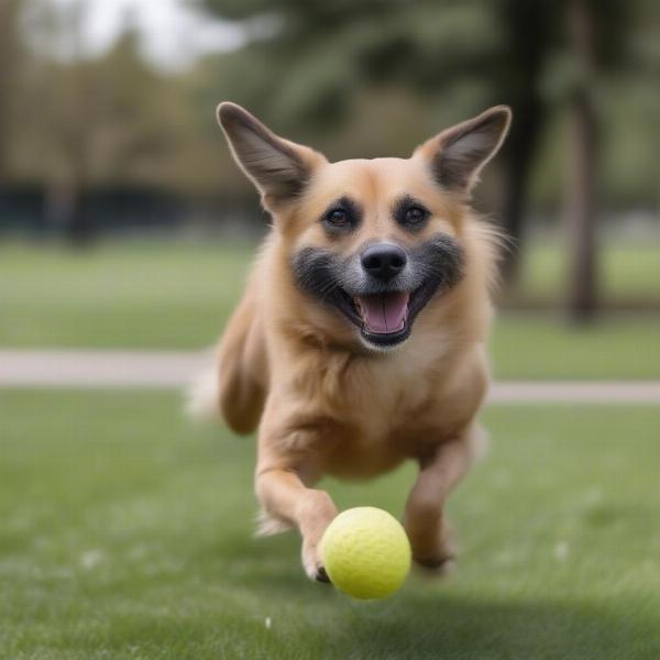 Dog Wearing a Foxtail Mask Happily