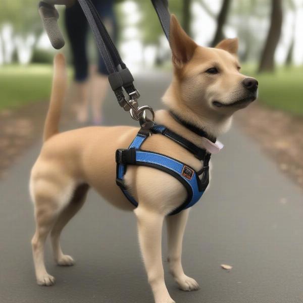 A dog comfortably wearing a Gooby harness