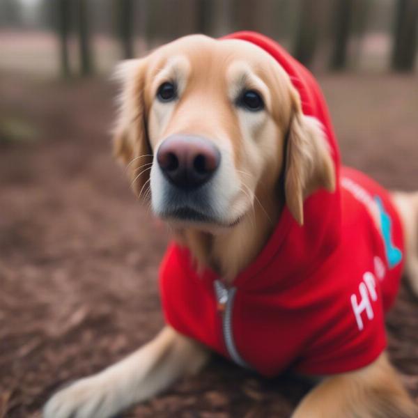 Dog wearing a happy hoodie