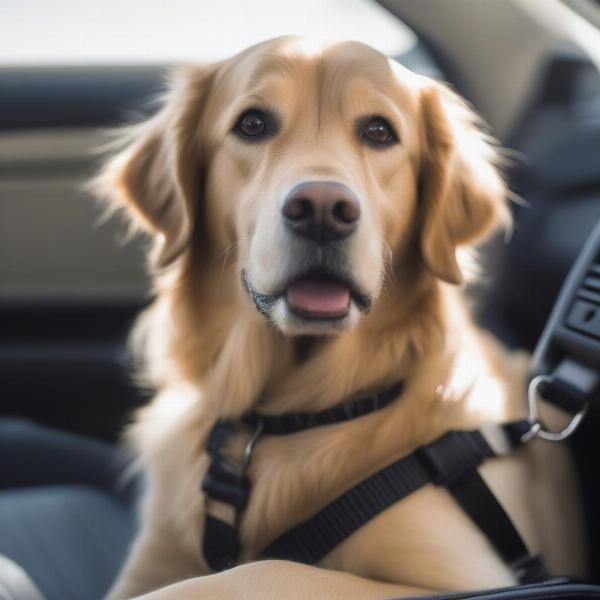 Dog wearing a harness and secured to the truck's seat belt.