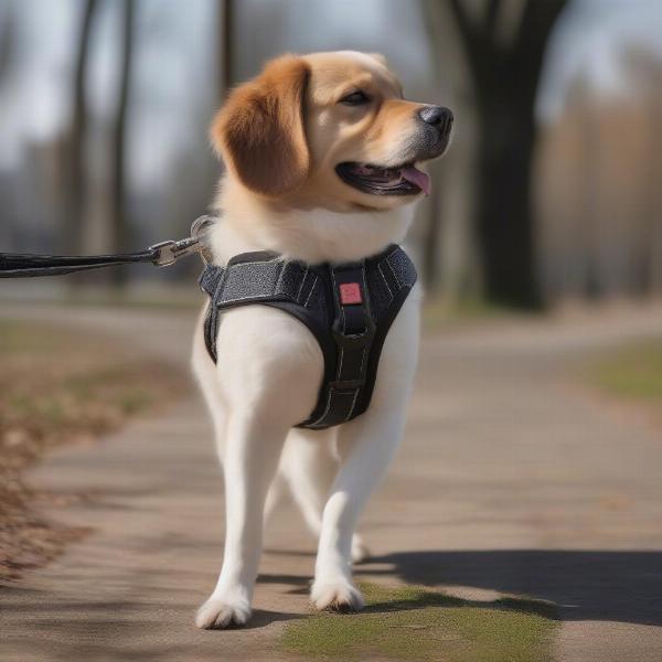 Dog Wearing a Harness Walking in a Park