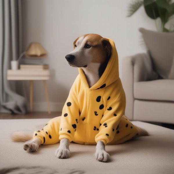 Dog Wearing Jake the Dog Onesie Indoors