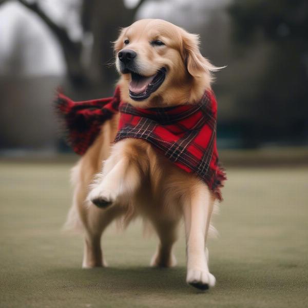 Dog wearing a kilt happily