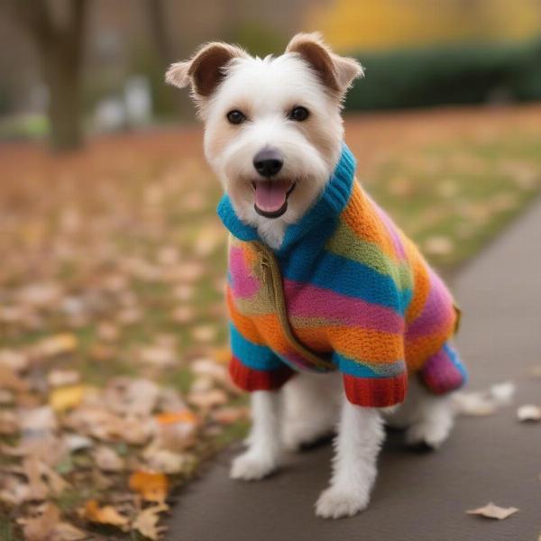 Dog wearing a hand-knitted coat