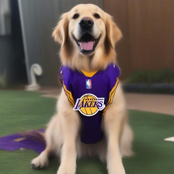 Dog proudly wearing a Los Angeles Lakers jersey.