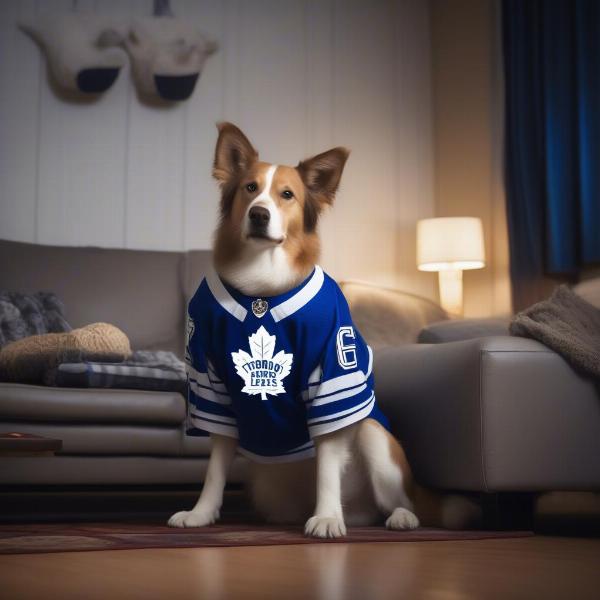 Dog Wearing Leafs Jersey Watching Game