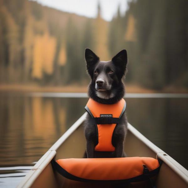 Dog wearing a life jacket sitting calmly on a canoe