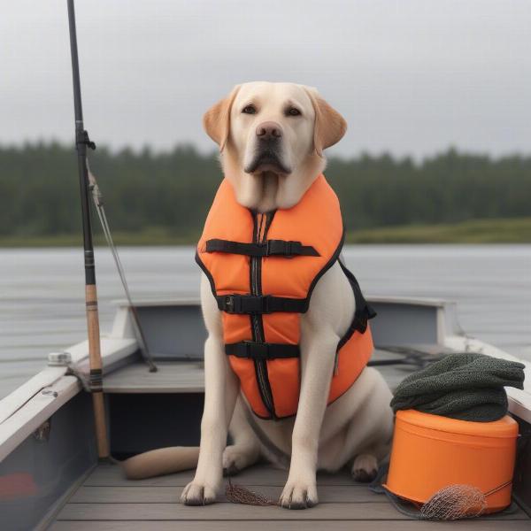 A dog wearing a life vest sits safely on a fishing boat with its owner.