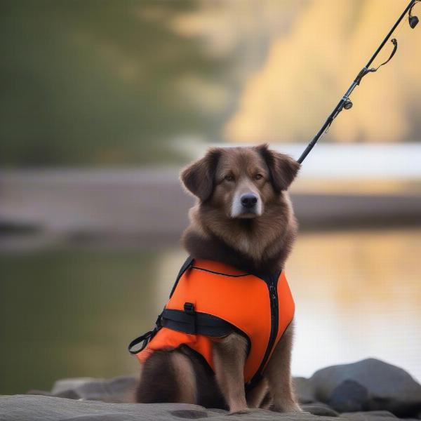 Dog wearing a life vest on a fishing trip