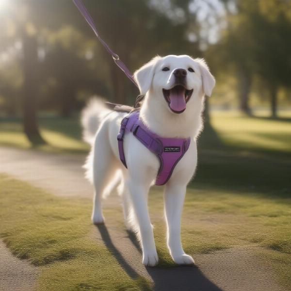 A dog wearing a lilac harness enjoys a walk in the park