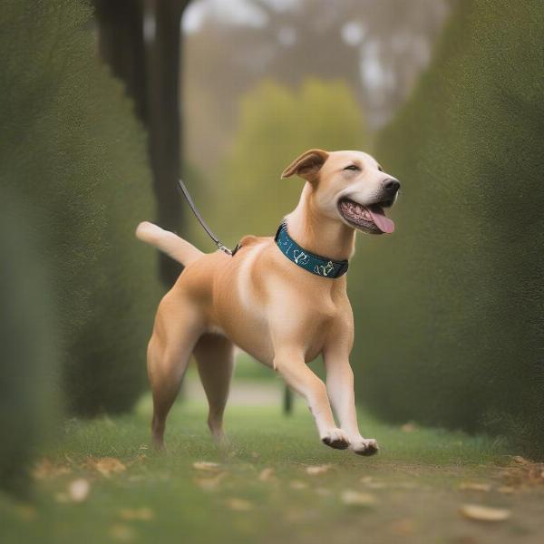 A dog happily wearing a monogrammed martingale collar during a walk in the park