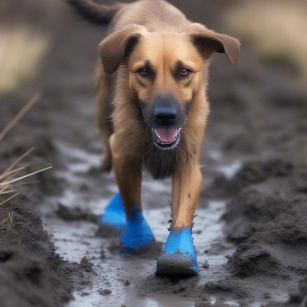 Dog Wearing Mud Boots in Muddy Field