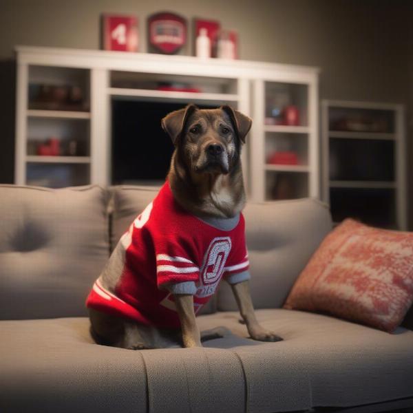 Dog wearing Ohio State sweater watching a game