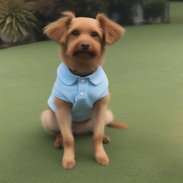 A dog wearing a polo shirt