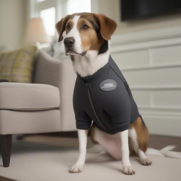 A dog comfortably wearing a post-op suit