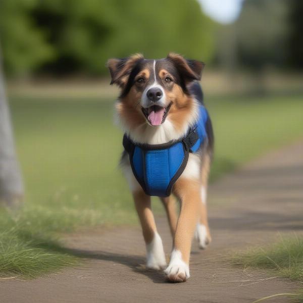 Dog wearing a protective boot while walking