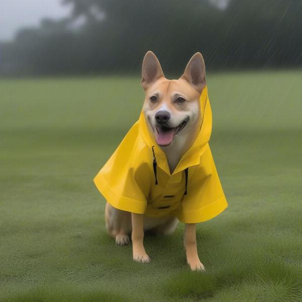 Dog wearing raincoat