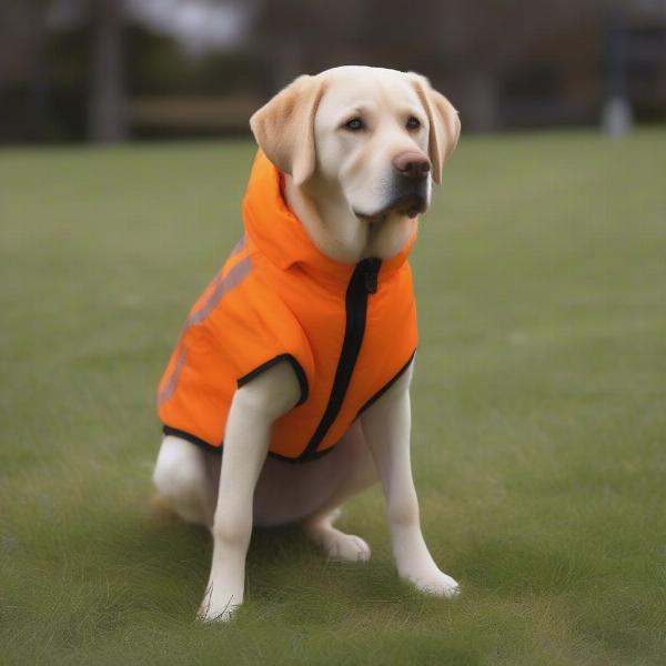 Dog wearing a reflective safety jacket