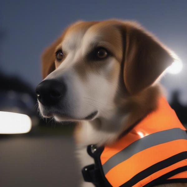 Dog Wearing a Reflector Vest at Night