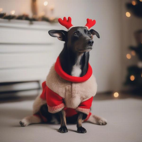 Happy Dog in Reindeer Outfit