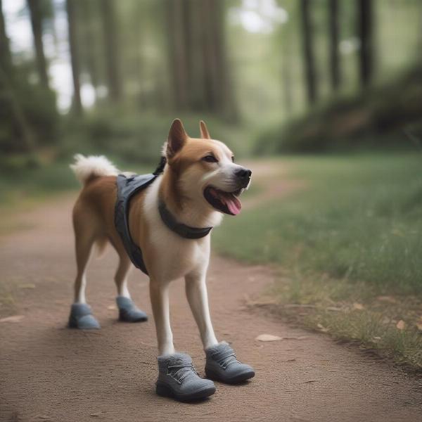 Dog wearing rocket dog booties happily walking