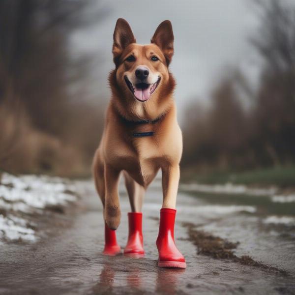 Dog wearing rubber boots