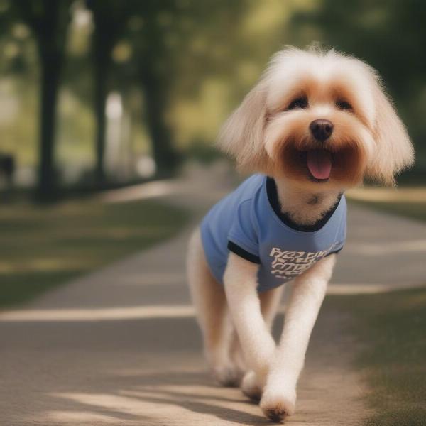 A dog comfortably wearing a rude dog shirt