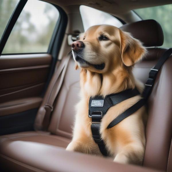 Dog wearing a safety belt in a car