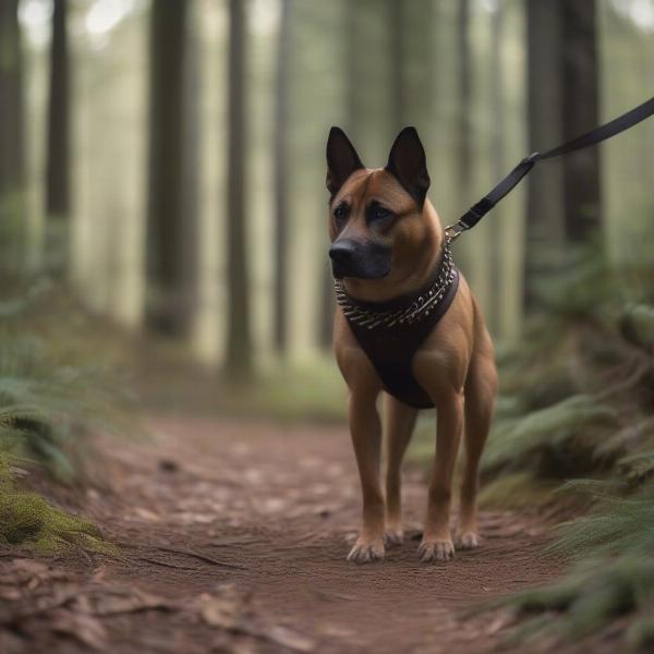 Dog with spike collar navigating through a wooded area