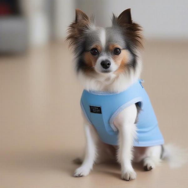 Dog wearing surgical vest after spaying surgery