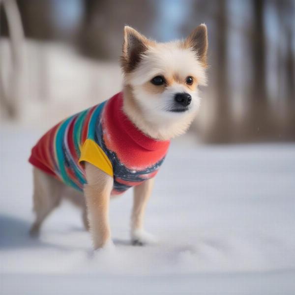 Dog wearing a t-shirt in winter