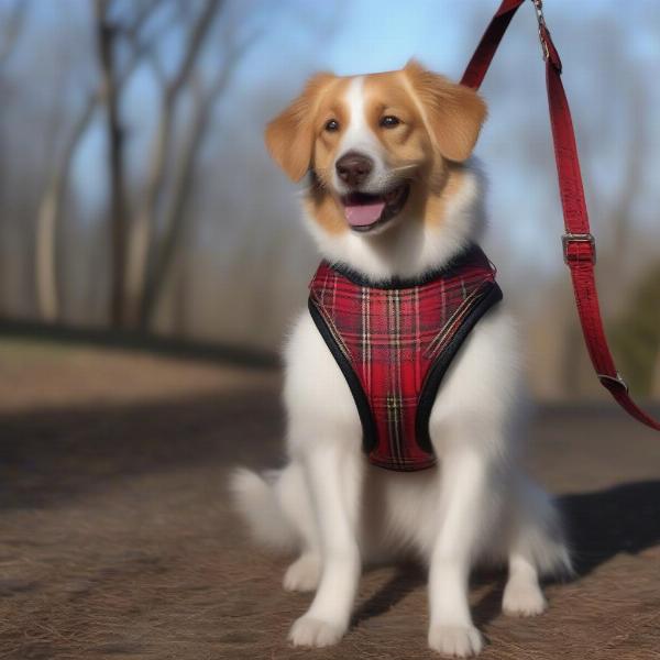 Dog Walking Comfortably in a Tartan Harness