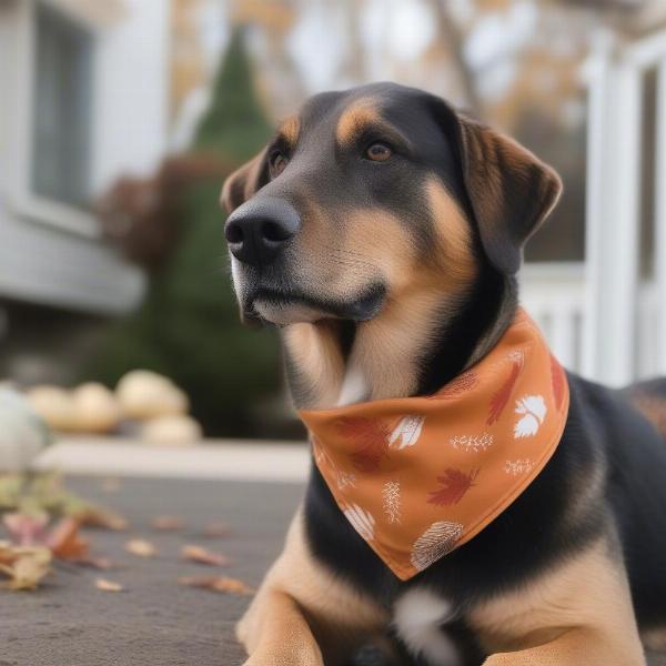 A dog comfortably wearing a Thanksgiving bandana