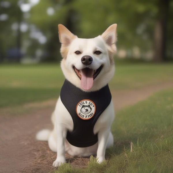 Dog wearing a vest with a "This Is Fine" patch