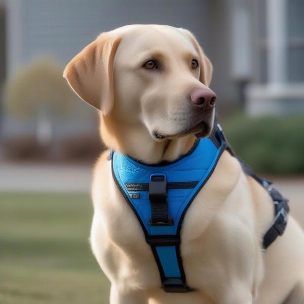 A dog wearing a vest harness