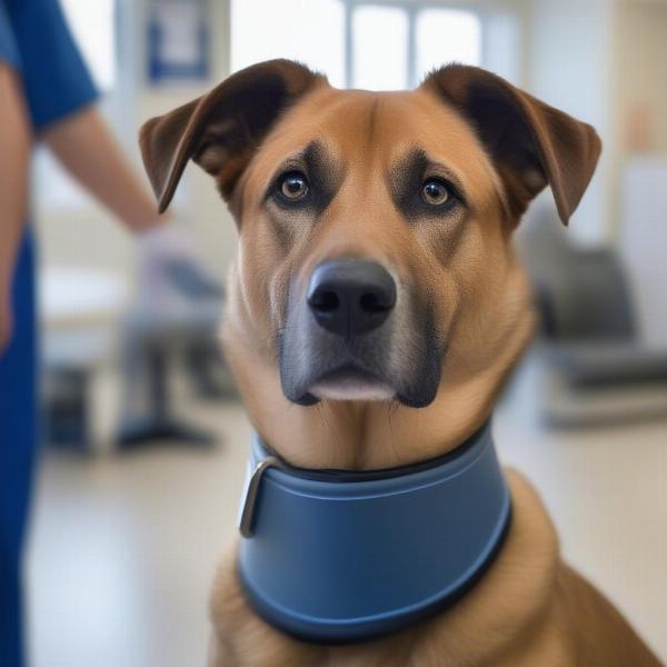 Dog wearing a vet collar at the clinic