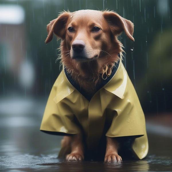 Dog Wearing Wax Coat in Rain