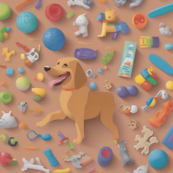 A dog surrounded by a variety of challenging toys