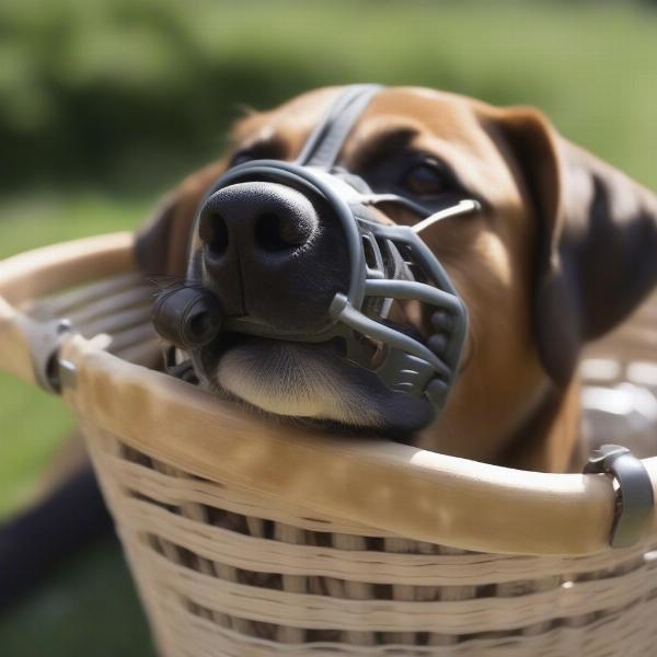 Close-up of a dog wearing a basket muzzle