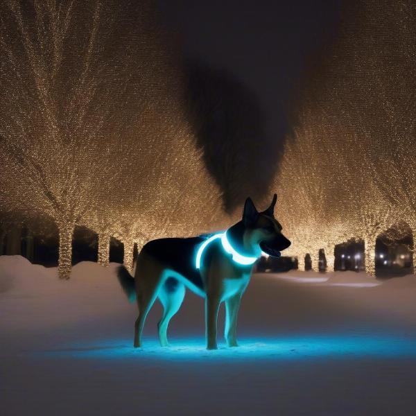 Dog Walking with a Christmas Light Collar at Night