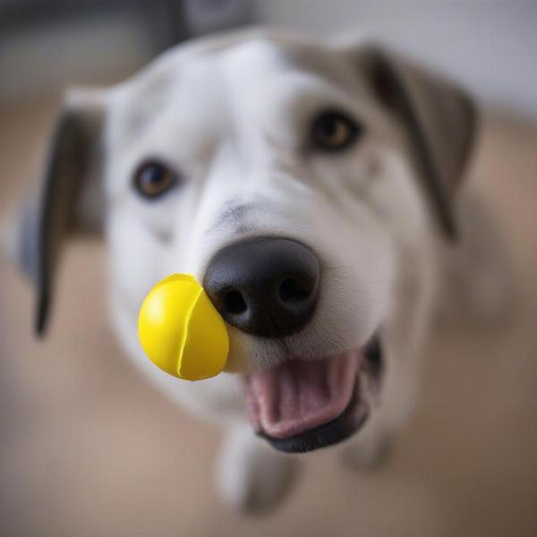 A dog with a torn squeaky ball, highlighting the potential dangers.