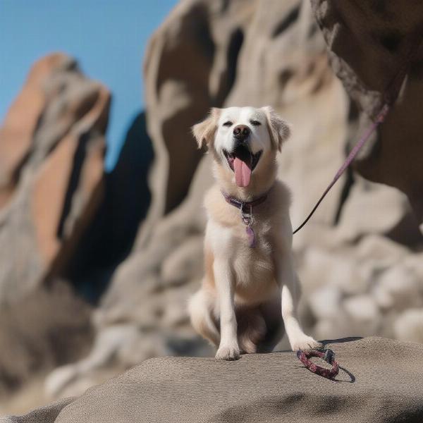 A dog posing with Dog Rock in the background